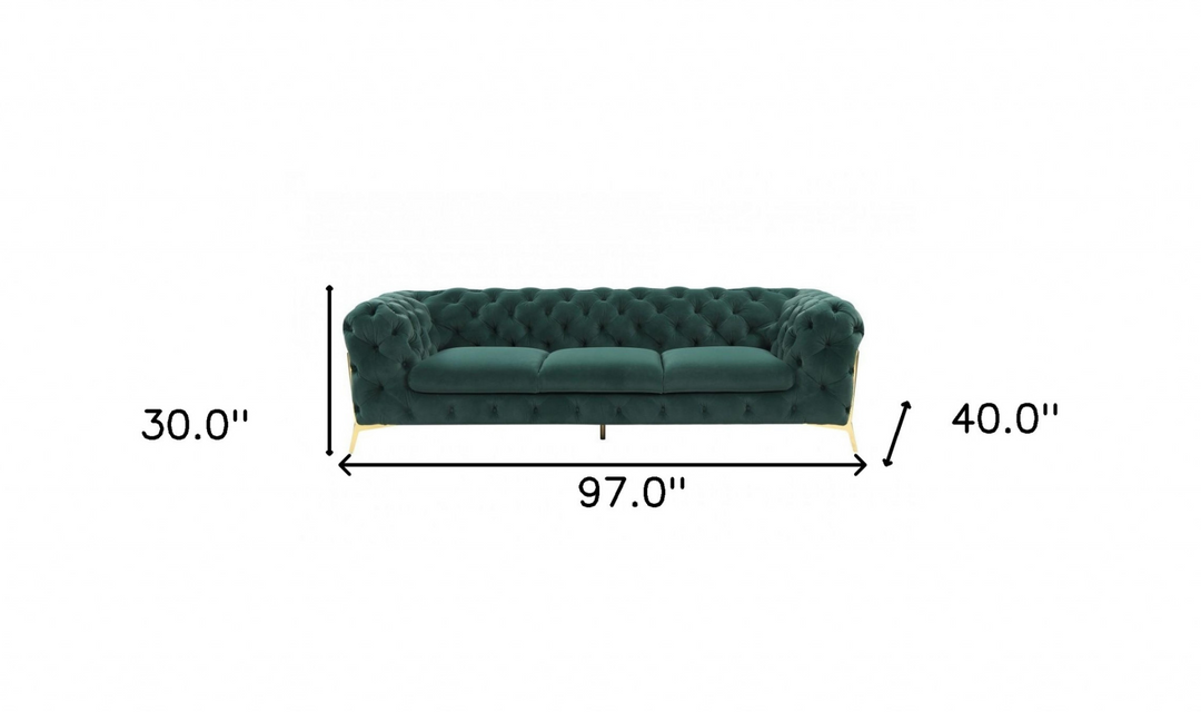 Boho Aesthetic "97"" Green Velvet Sofa With Gold Legs" | Biophilic Design Airbnb Decor Furniture 