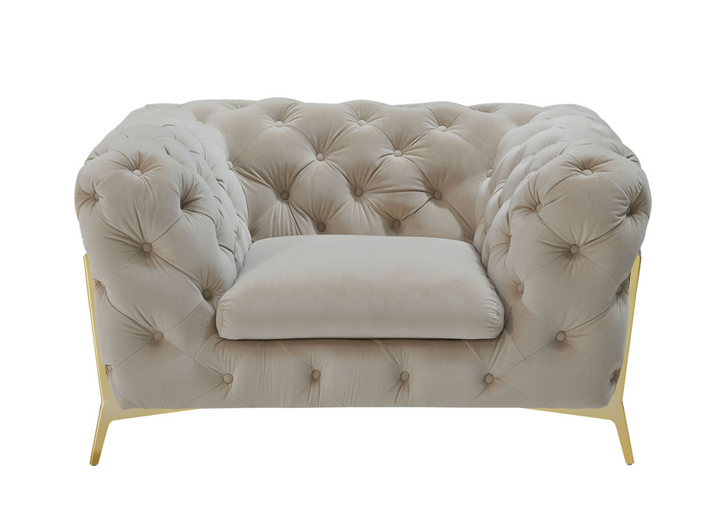 Boho Aesthetic Beige Tufted Velvet And Gold Solid Color Lounge Chair | Biophilic Design Airbnb Decor Furniture 