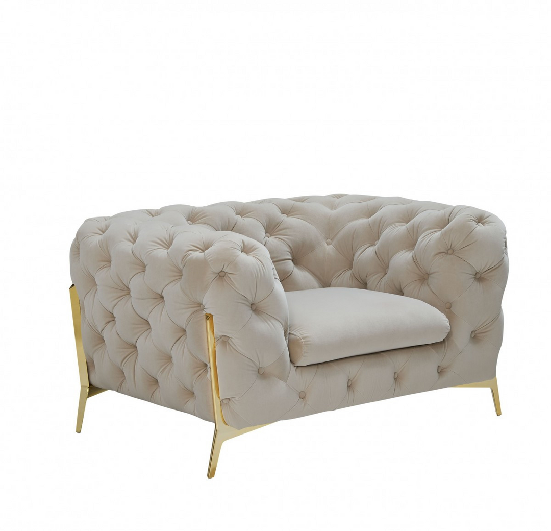 Boho Aesthetic Beige Tufted Velvet And Gold Solid Color Lounge Chair | Biophilic Design Airbnb Decor Furniture 