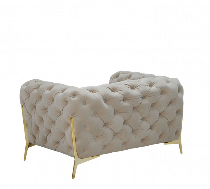 Boho Aesthetic Beige Tufted Velvet And Gold Solid Color Lounge Chair | Biophilic Design Airbnb Decor Furniture 