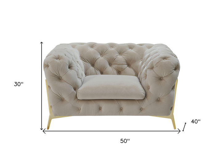 Boho Aesthetic Beige Tufted Velvet And Gold Solid Color Lounge Chair | Biophilic Design Airbnb Decor Furniture 