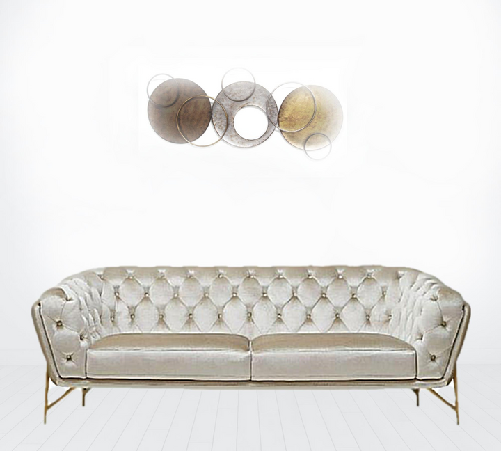 Boho Aesthetic Beige Tufted Velvet and Gold Chesterfield Sofa | Biophilic Design Airbnb Decor Furniture 