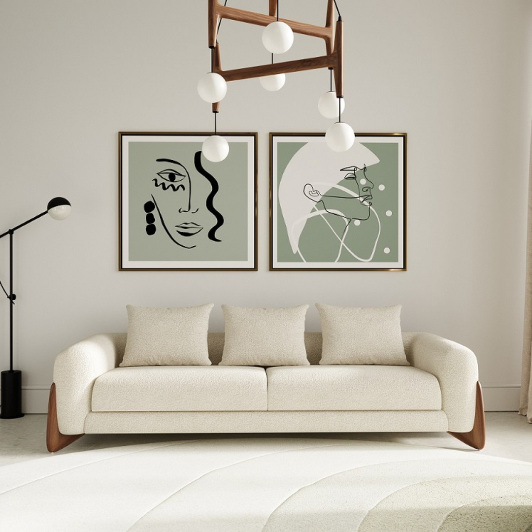 Boho Aesthetic Le Marseille | Modern Plush Italian Cream and Walnut Wood Sofa | Biophilic Design Airbnb Decor Furniture 