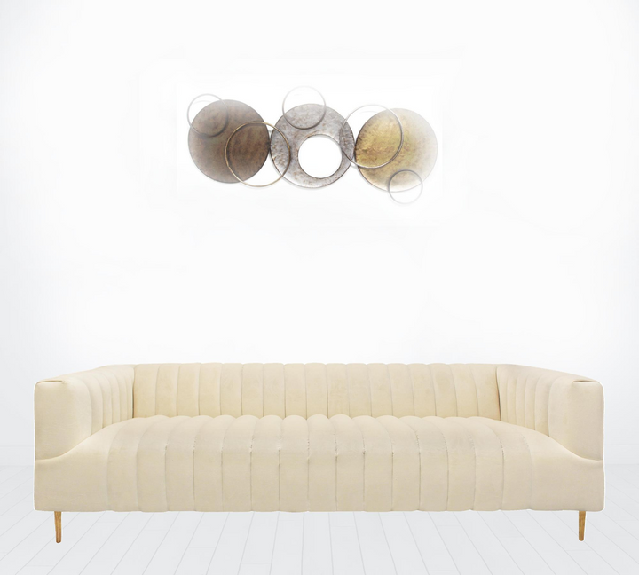 Boho Aesthetic Le Rennes | Ivory Italian Modern Channeled Velvet and Gold Sofa | Biophilic Design Airbnb Decor Furniture 