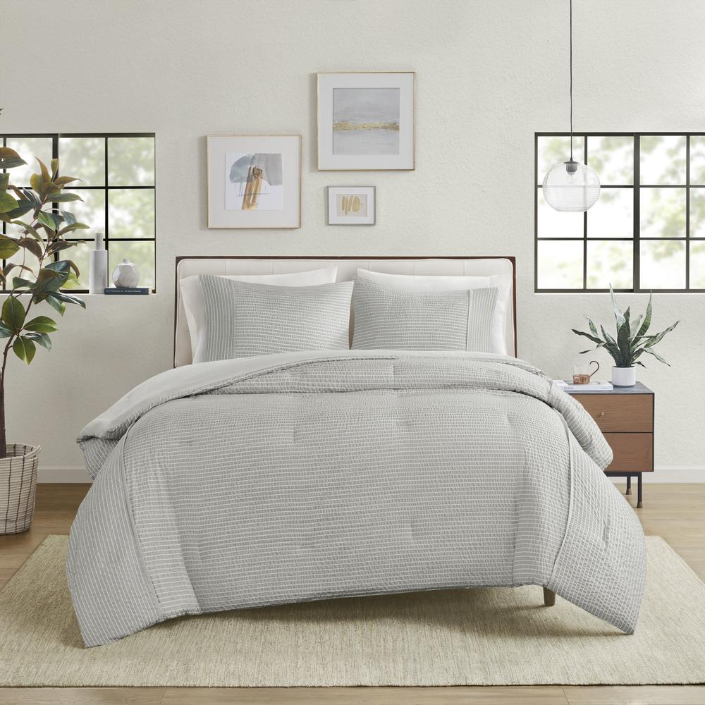 Boho Aesthetic 3 Piece Striped Seersucker Oversized Comforter Set Full/Queen, Gray | Biophilic Design Airbnb Decor Furniture 