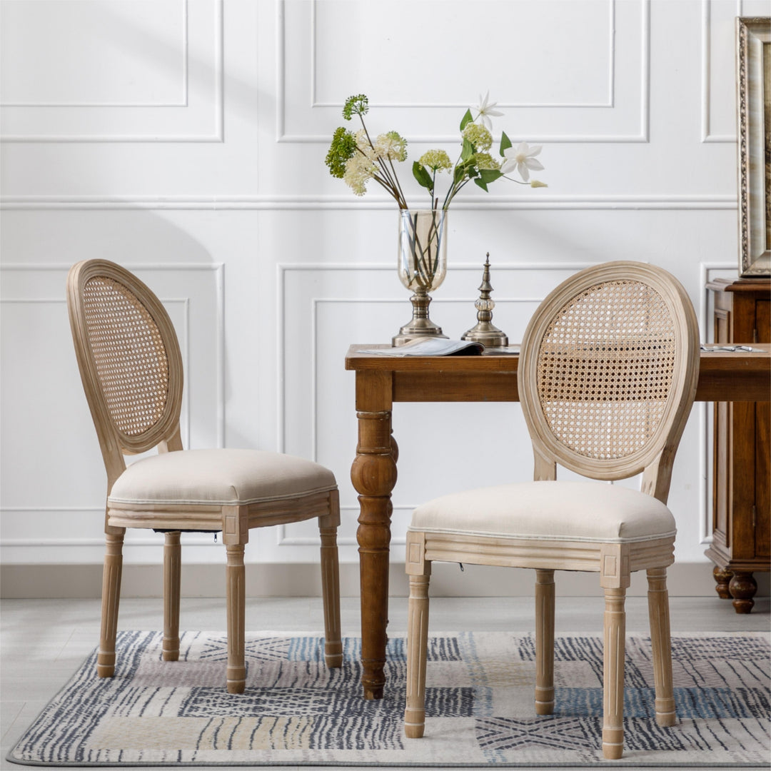 Mediterranean French Wood Antique Linen & Rattan Dining Chair (Set Of 2) - Mediterranean Italian Contemporary Home Decor Furniture