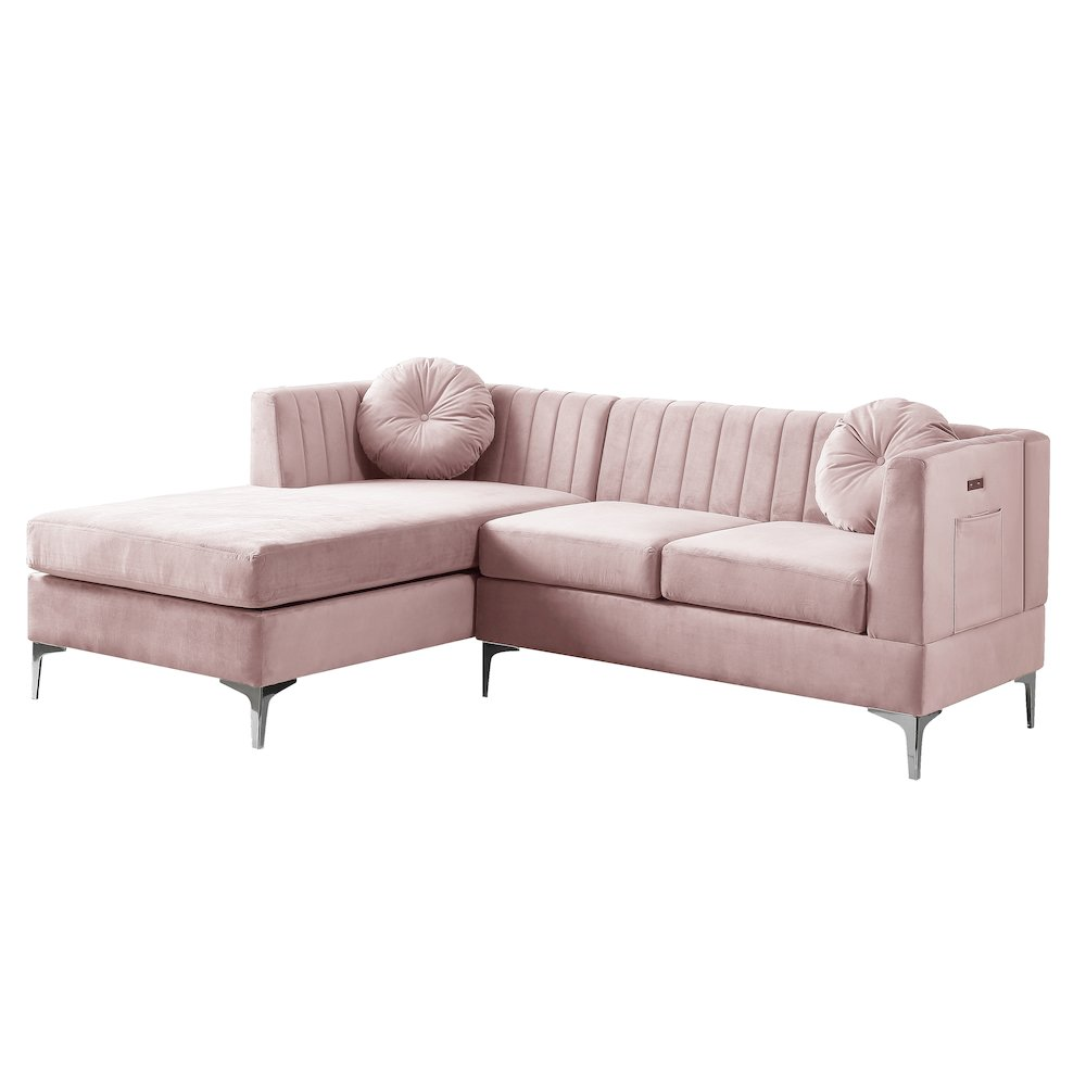 Boho Aesthetic Chloe | Pink Velvet Sectional Sofa Chaise with USB Charging Port | Biophilic Design Airbnb Decor Furniture 