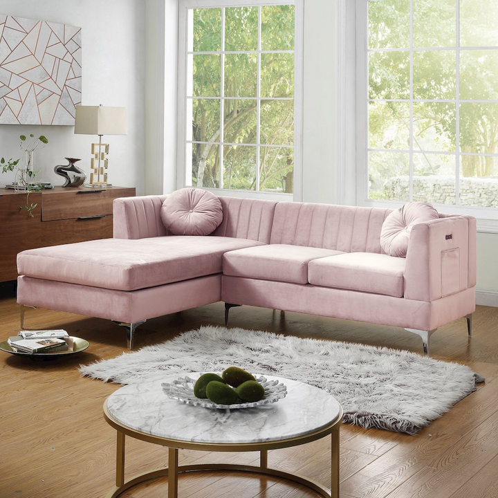 Boho Aesthetic Chloe | Pink Velvet Sectional Sofa Chaise with USB Charging Port | Biophilic Design Airbnb Decor Furniture 