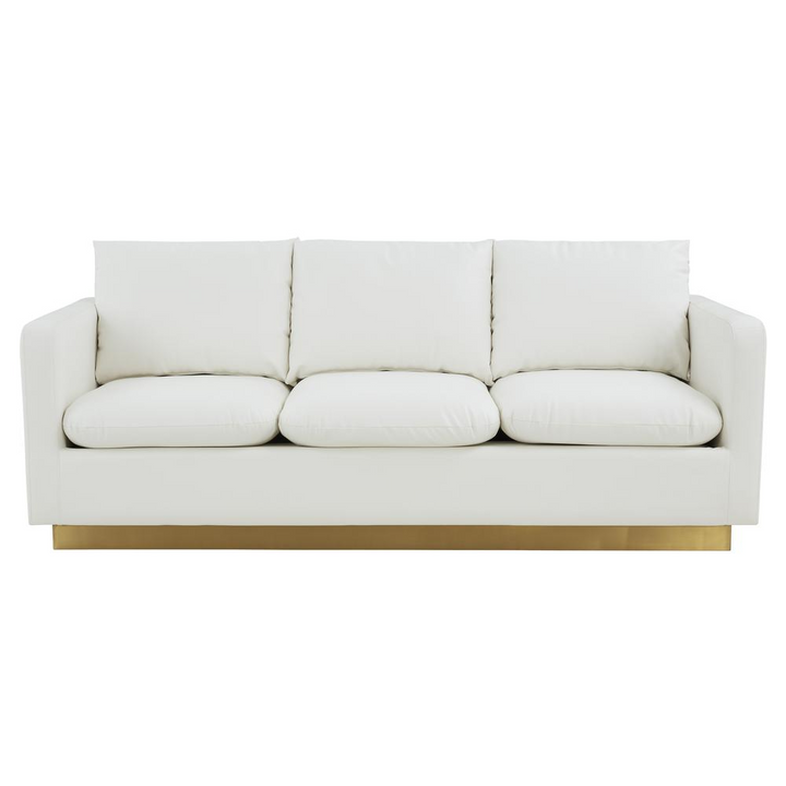 Boho Aesthetic LeisureMod Nervo Modern Mid-Century Upholstered Leather Sofa with Gold Frame, White | Biophilic Design Airbnb Decor Furniture 