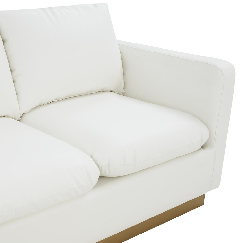 Boho Aesthetic LeisureMod Nervo Modern Mid-Century Upholstered Leather Sofa with Gold Frame, White | Biophilic Design Airbnb Decor Furniture 