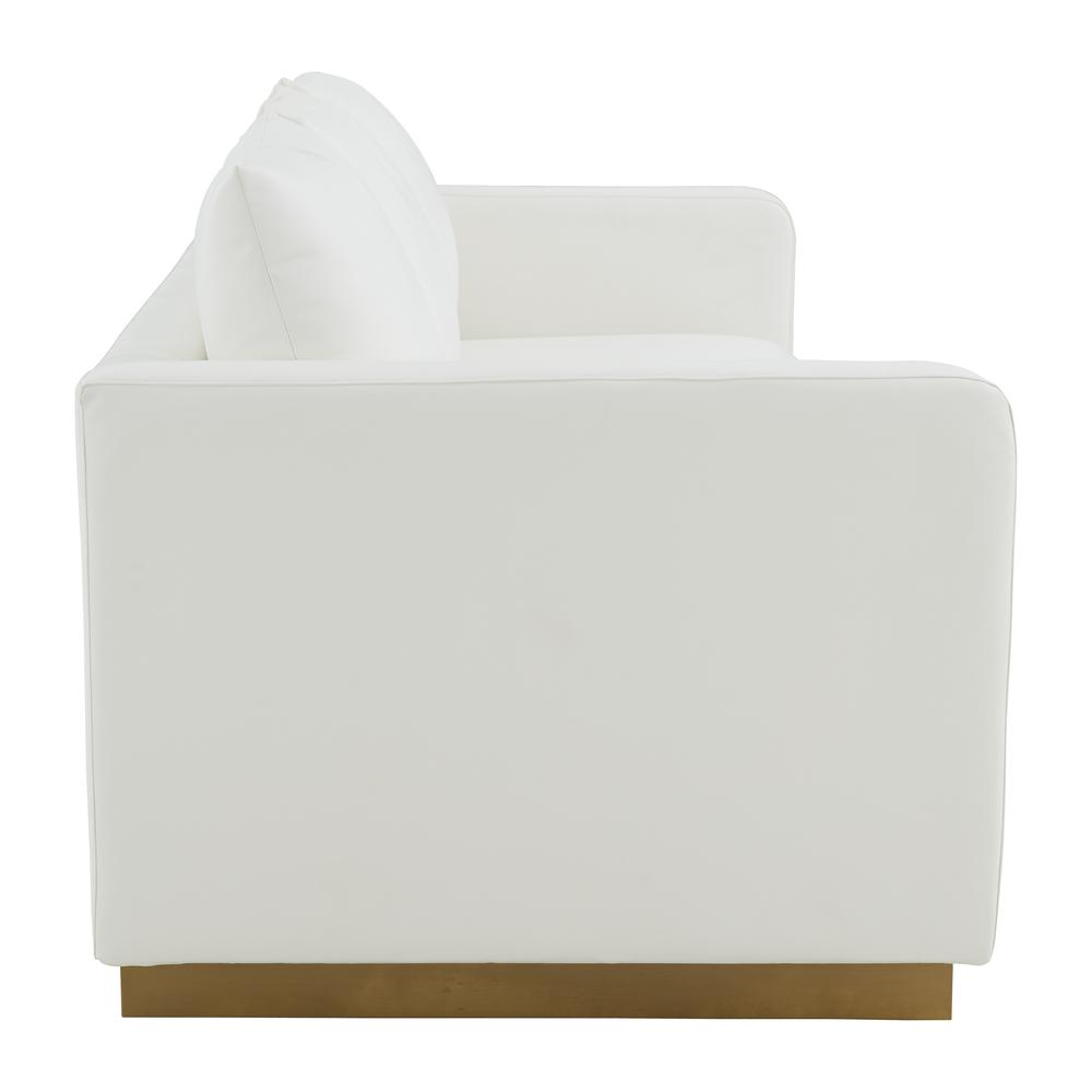 Boho Aesthetic LeisureMod Nervo Modern Mid-Century Upholstered Leather Sofa with Gold Frame, White | Biophilic Design Airbnb Decor Furniture 