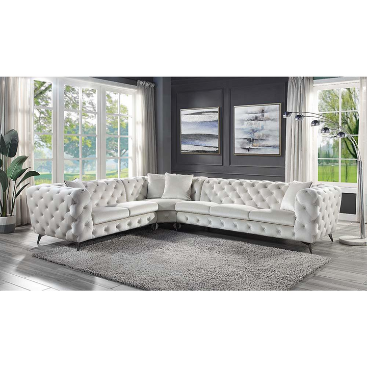 Boho Aesthetic Modern Luxury Opulent Beige Fabric Sectional Sofa w/4 Pillows | Biophilic Design Airbnb Decor Furniture 