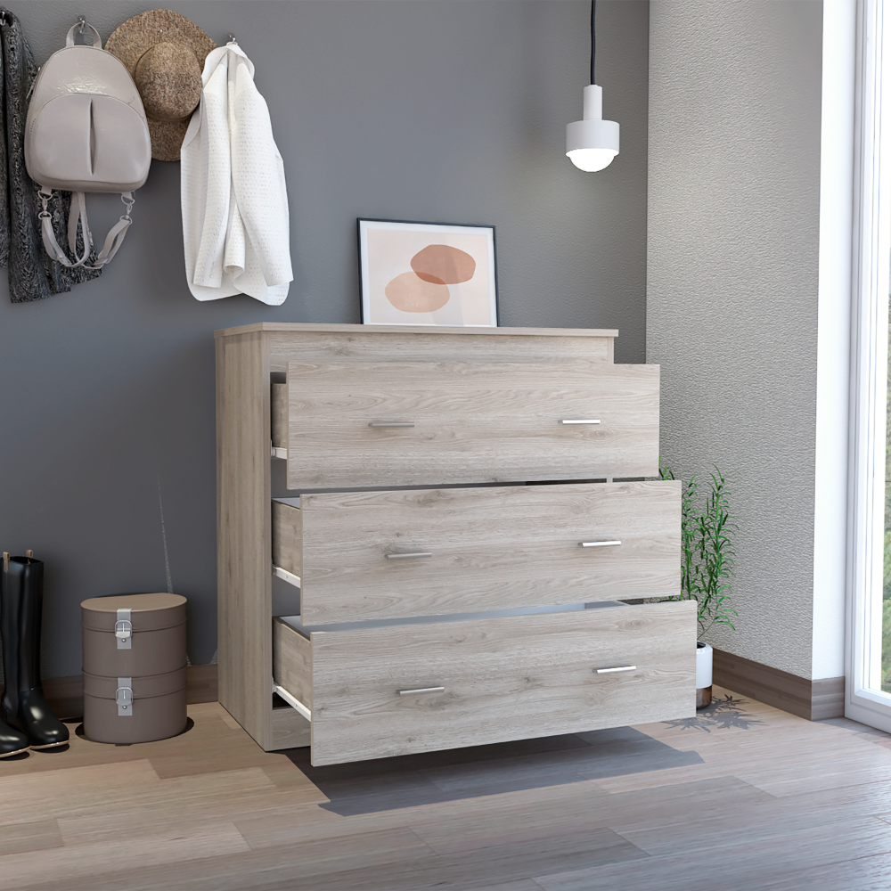 Boho Aesthetic Three Drawer Dresser Whysk, Superior Top, Handles, Light Gray / White Finish | Biophilic Design Airbnb Decor Furniture 