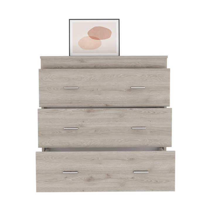 Boho Aesthetic Three Drawer Dresser Whysk, Superior Top, Handles, Light Gray / White Finish | Biophilic Design Airbnb Decor Furniture 