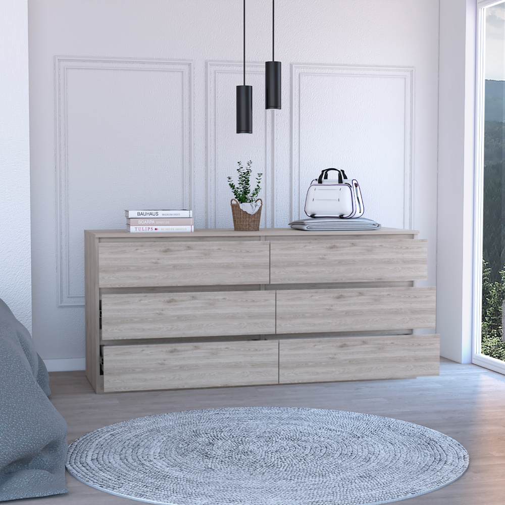 Boho Aesthetic 6 Drawer Double Dresser Tronx, Superior Top, Light Gray Finish | Biophilic Design Airbnb Decor Furniture 