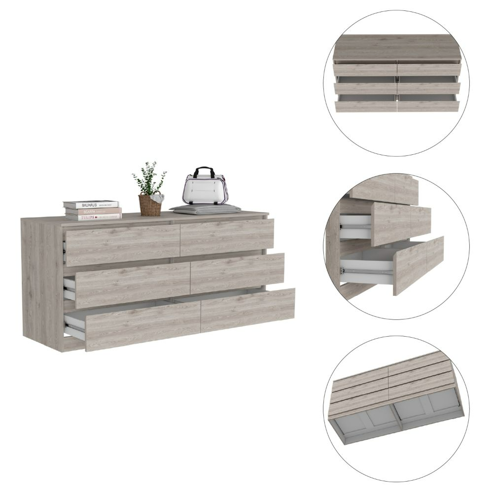 Boho Aesthetic 6 Drawer Double Dresser Tronx, Superior Top, Light Gray Finish | Biophilic Design Airbnb Decor Furniture 