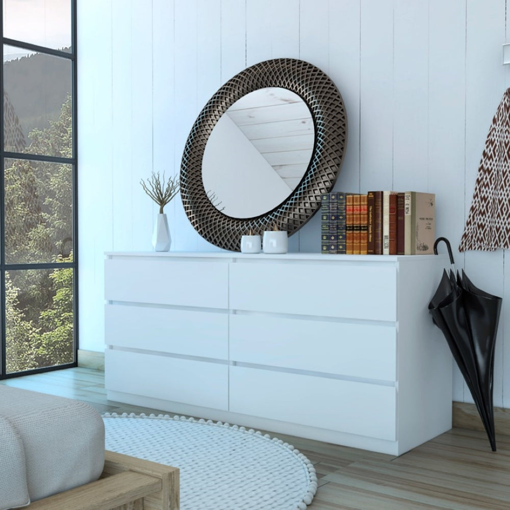 Boho Aesthetic 6 Drawer Double Dresser Tronx, Superior Top, White Finish | Biophilic Design Airbnb Decor Furniture 