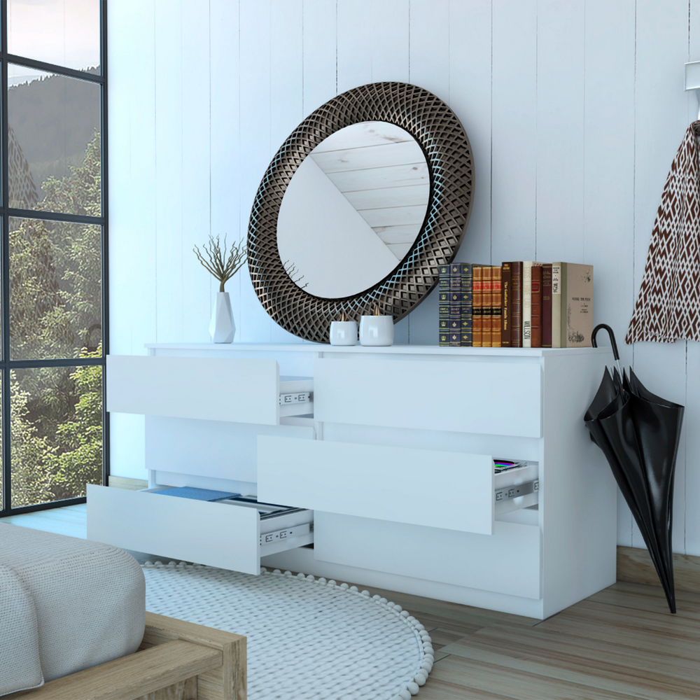 Boho Aesthetic 6 Drawer Double Dresser Tronx, Superior Top, White Finish | Biophilic Design Airbnb Decor Furniture 