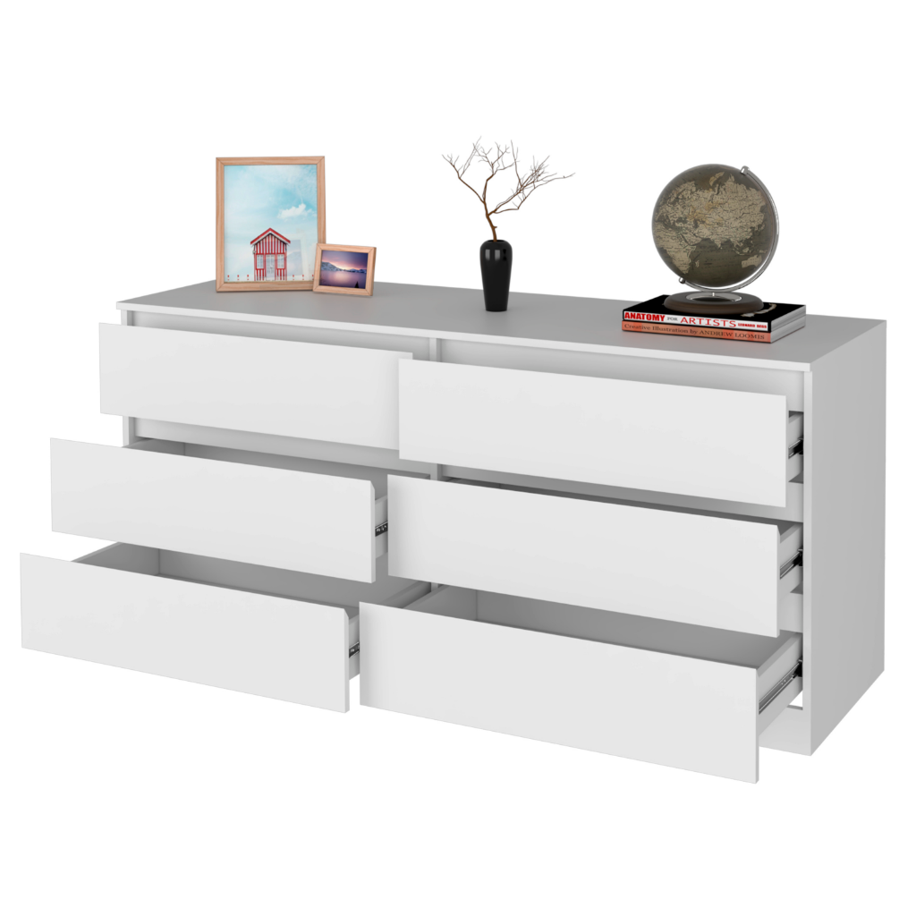 Boho Aesthetic 6 Drawer Double Dresser Tronx, Superior Top, White Finish | Biophilic Design Airbnb Decor Furniture 