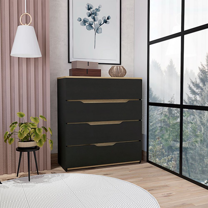 Boho Aesthetic Dresser Oboe, Superior Top, Four Drawers, Black Wengue/ Light Oak Finish | Biophilic Design Airbnb Decor Furniture 