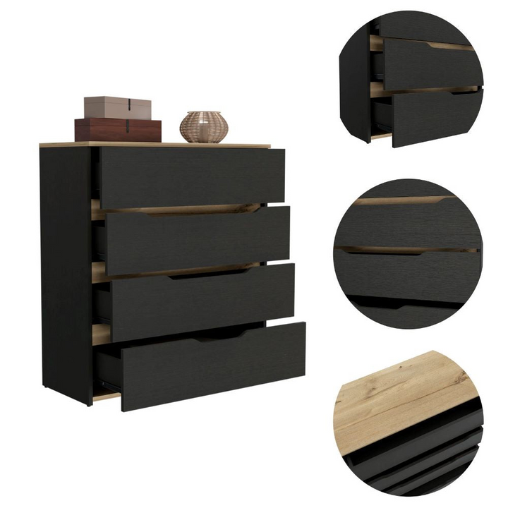 Boho Aesthetic Dresser Oboe, Superior Top, Four Drawers, Black Wengue/ Light Oak Finish | Biophilic Design Airbnb Decor Furniture 