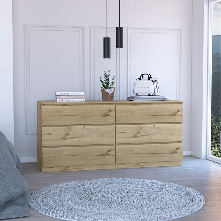 Boho Aesthetic 6 Drawer Double Dresser Tronx, Superior Top, Light Oak / White Finish | Biophilic Design Airbnb Decor Furniture 