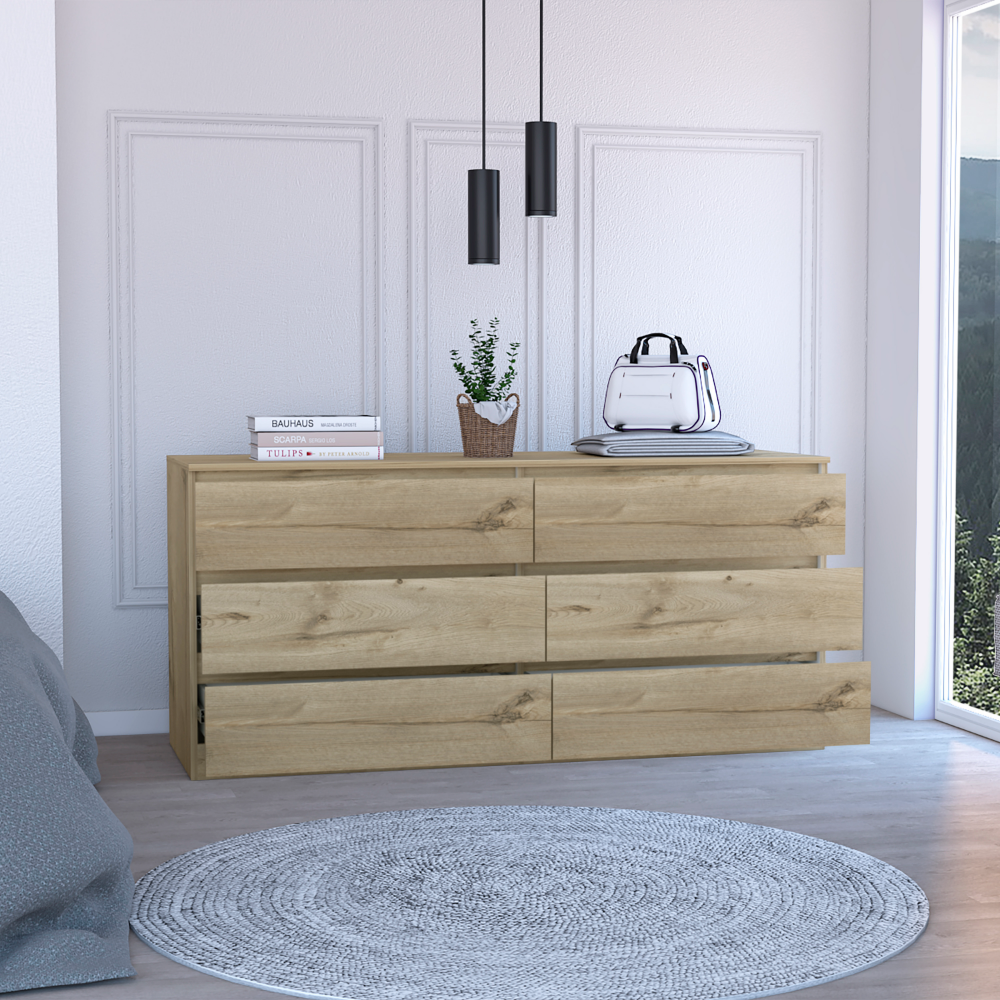 Boho Aesthetic 6 Drawer Double Dresser Tronx, Superior Top, Light Oak / White Finish | Biophilic Design Airbnb Decor Furniture 