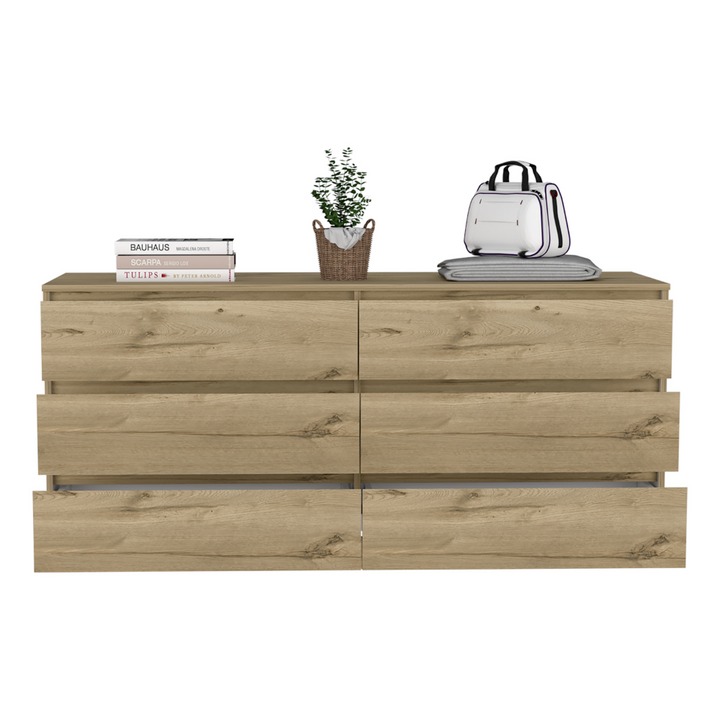 Boho Aesthetic 6 Drawer Double Dresser Tronx, Superior Top, Light Oak / White Finish | Biophilic Design Airbnb Decor Furniture 