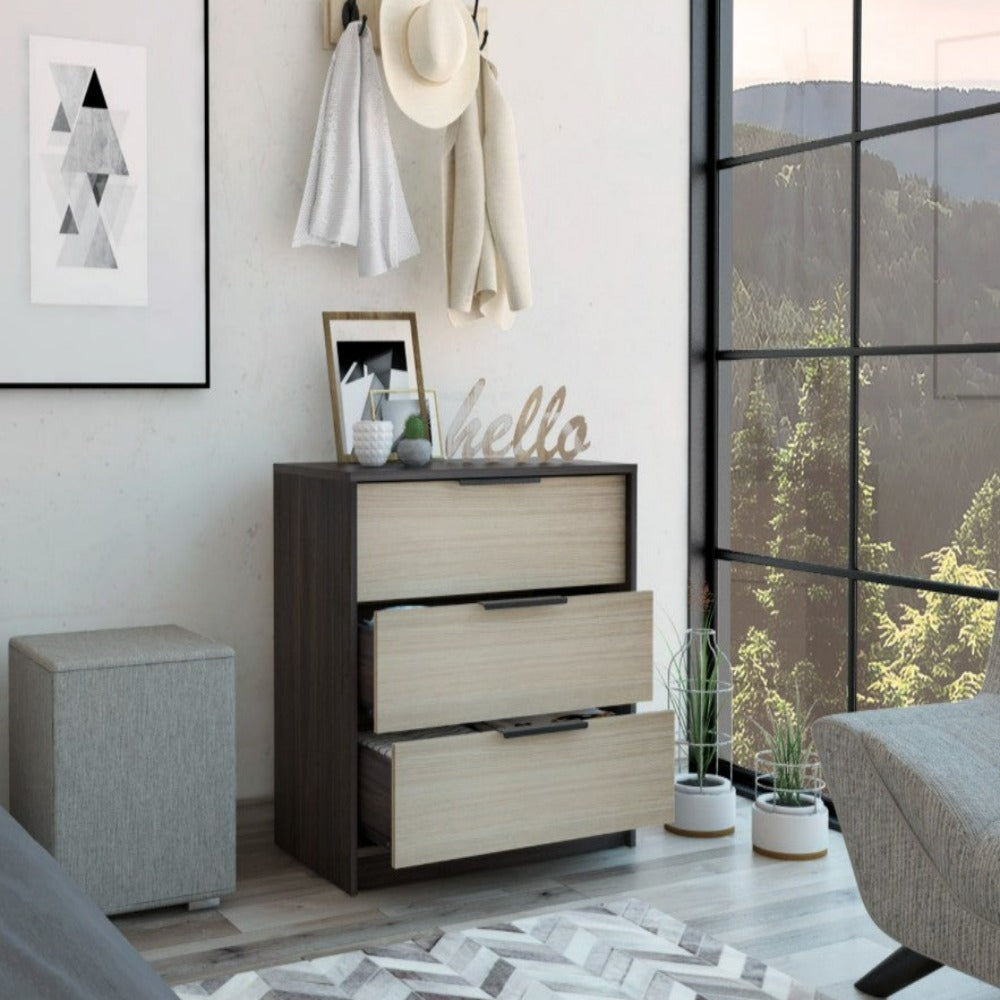 Boho Aesthetic 3 Drawers Dresser Maryland, Superior Top, Black Wengue / Pine Finish | Biophilic Design Airbnb Decor Furniture 