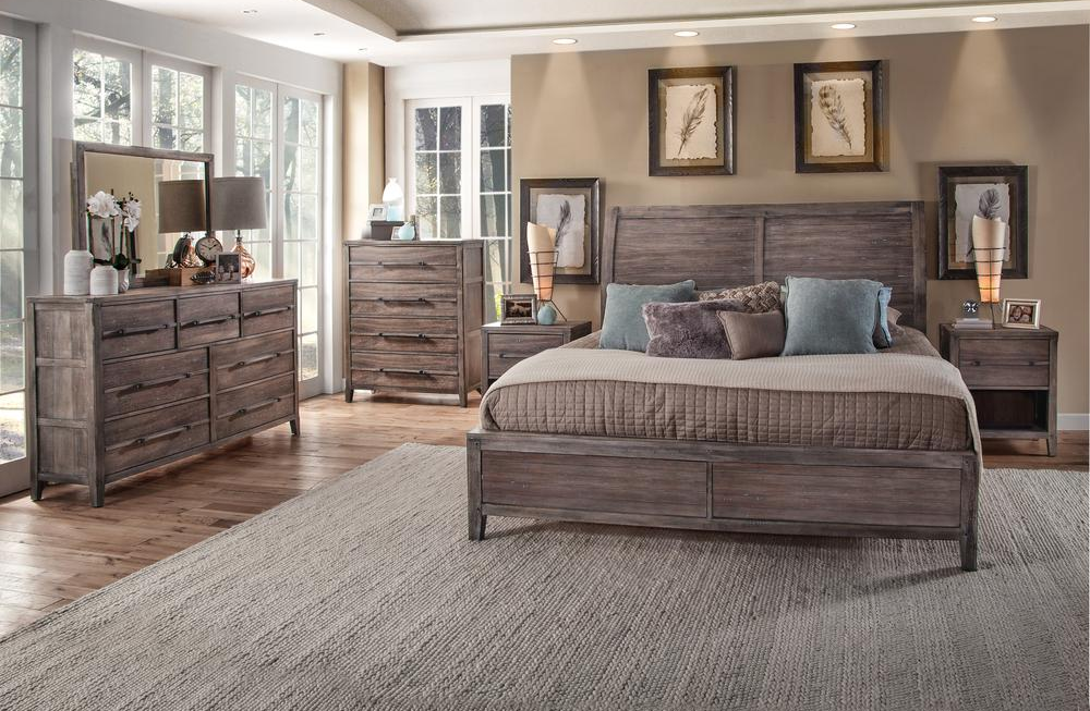 Aurora Mediterranean Farmhouse King Sleigh Bed Frame - With Panel Footboard - Weathered Grey - Mediterranean Italian Contemporary Home Decor Furniture