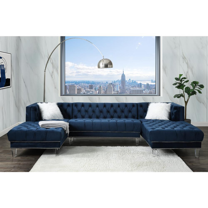Boho Aesthetic Navy Blue Modern Luxury Velvet  Italian Sectional Sofa w/2 Pillows | Biophilic Design Airbnb Decor Furniture 