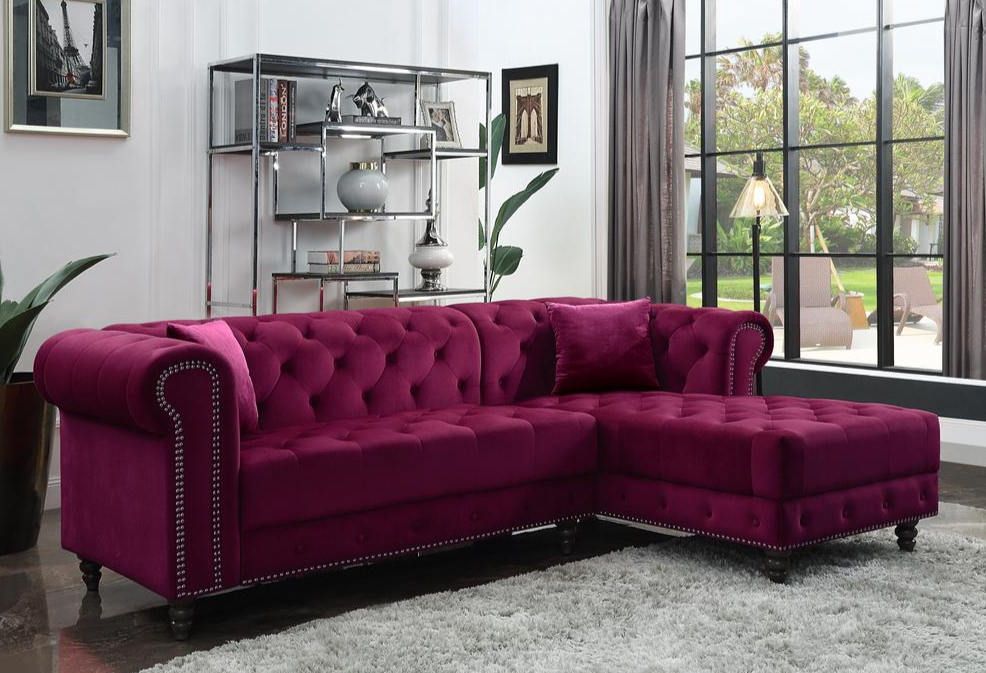 Boho Aesthetic ACME Adnelis Sectional Sofa w/2 Pillows, Red Velvet | Biophilic Design Airbnb Decor Furniture 