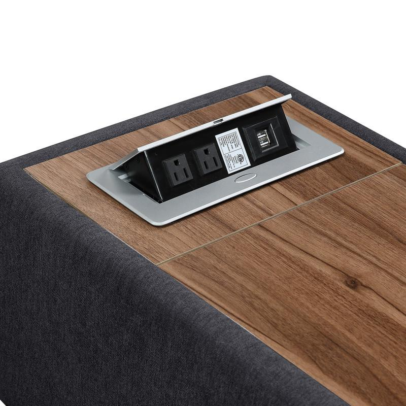 Boho Aesthetic Minimalist Dark Gray Fabric Sectional Loveseat Ottoman with USB Storage Console Table | Biophilic Design Airbnb Decor Furniture 