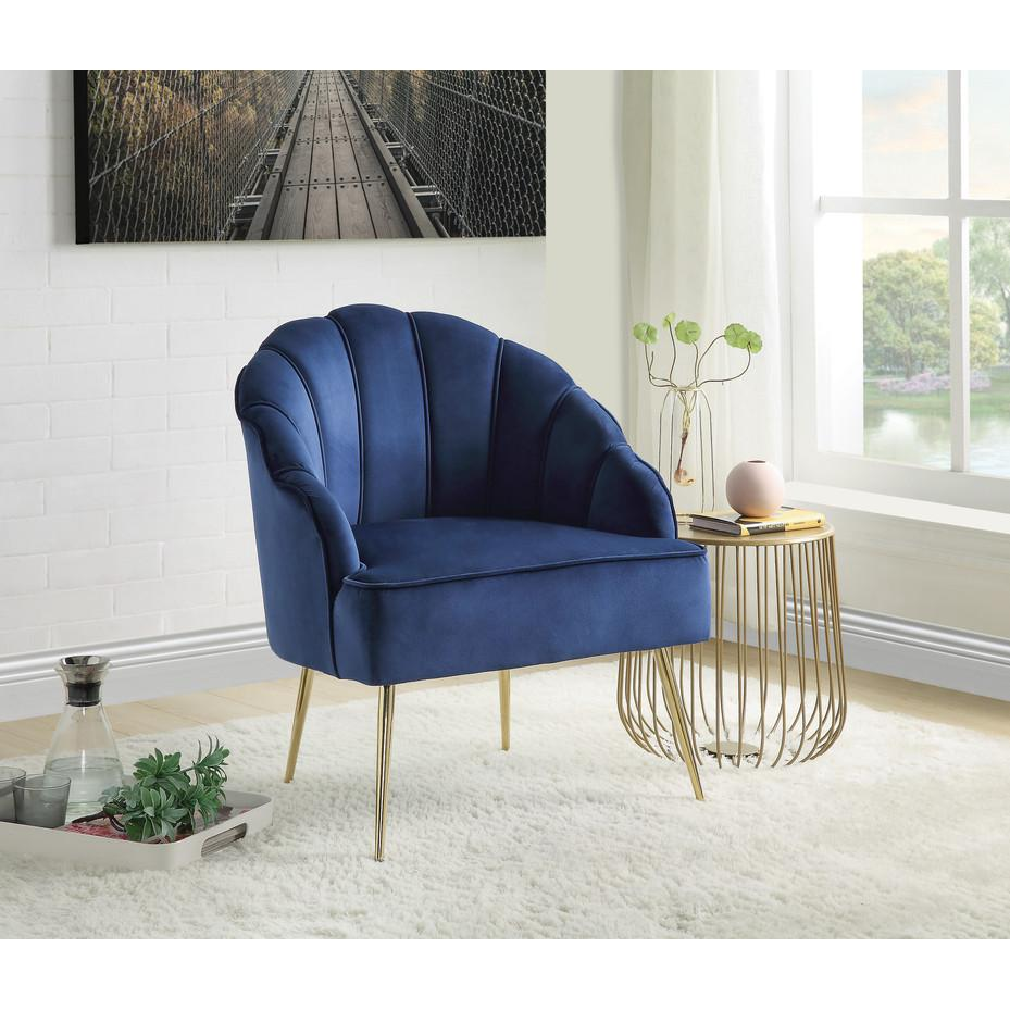Boho Aesthetic Naomi Blue Velvet Wingback Accent Chair with Metal Legs | Biophilic Design Airbnb Decor Furniture 