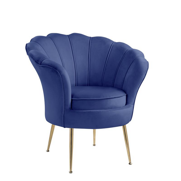 Boho Aesthetic Angelina Blue Velvet Scalloped Back Barrel Accent Chair with Metal Legs | Biophilic Design Airbnb Decor Furniture 