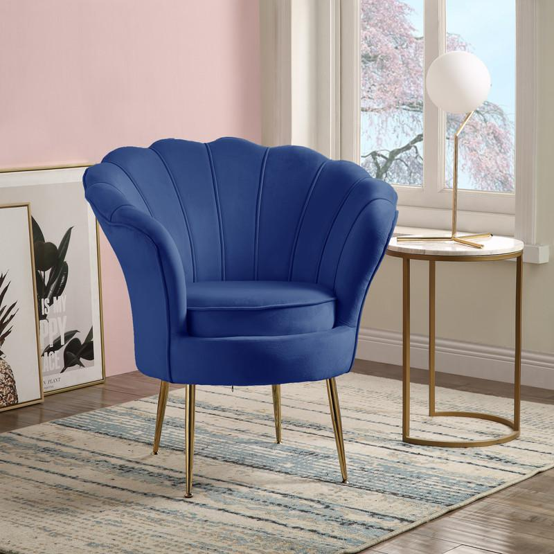 Boho Aesthetic Angelina Blue Velvet Scalloped Back Barrel Accent Chair with Metal Legs | Biophilic Design Airbnb Decor Furniture 