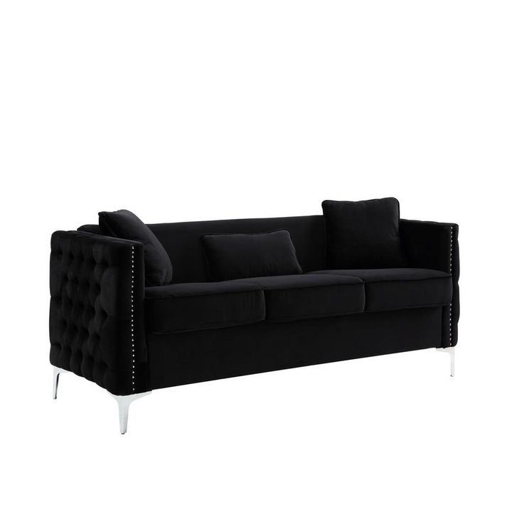 Boho Aesthetic Modern Black Velvet Sofa with 3 Pillows | Biophilic Design Airbnb Decor Furniture 