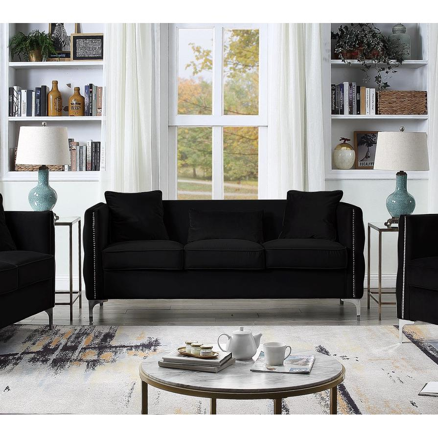 Boho Aesthetic Modern Black Velvet Sofa with 3 Pillows | Biophilic Design Airbnb Decor Furniture 