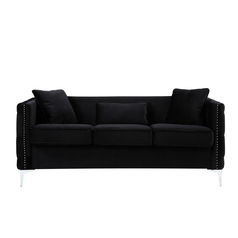 Boho Aesthetic Modern Black Velvet Sofa with 3 Pillows | Biophilic Design Airbnb Decor Furniture 