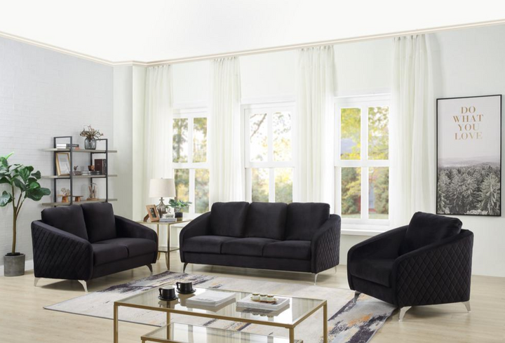 Boho Aesthetic Sofia | Black Velvet Fabric Sofa Loveseat Chair Living Room Set | Biophilic Design Airbnb Decor Furniture 