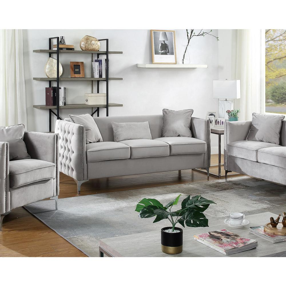 Boho Aesthetic Bayberry Gray Velvet Sofa with 3 Pillows | Biophilic Design Airbnb Decor Furniture 