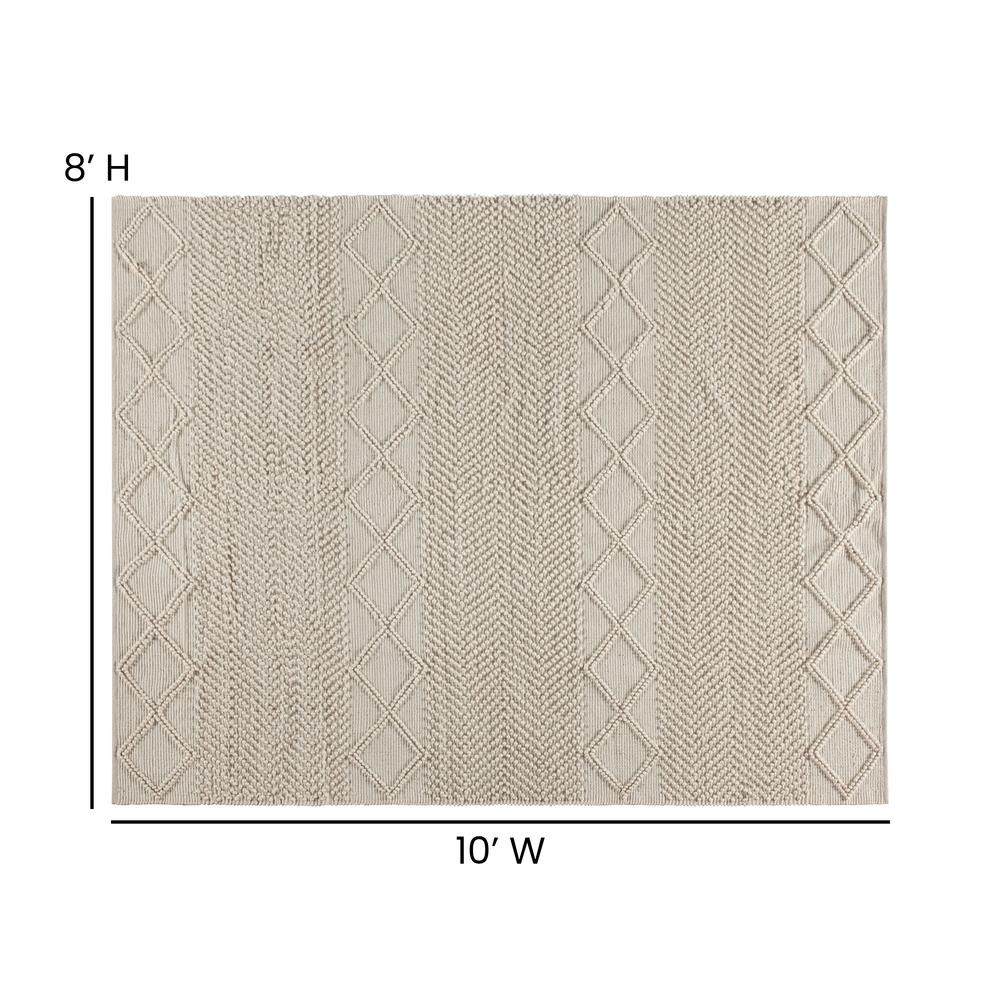 Boho Aesthetic 8' x 10' White & Ivory Geometric Design Handwoven Area Rug - Wool/Polyester/Cotton Blend | Biophilic Design Airbnb Decor Furniture 
