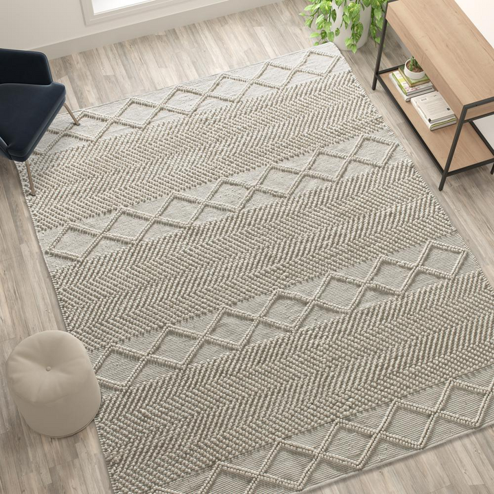 Boho Aesthetic 8' x 10' White & Ivory Geometric Design Handwoven Area Rug - Wool/Polyester/Cotton Blend | Biophilic Design Airbnb Decor Furniture 