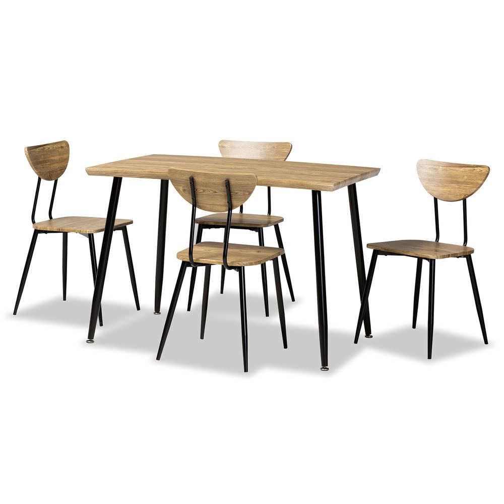 Boho Aesthetic Oak Brown Finished Wood and Black Metal 5-Piece Dining Set | Biophilic Design Airbnb Decor Furniture 