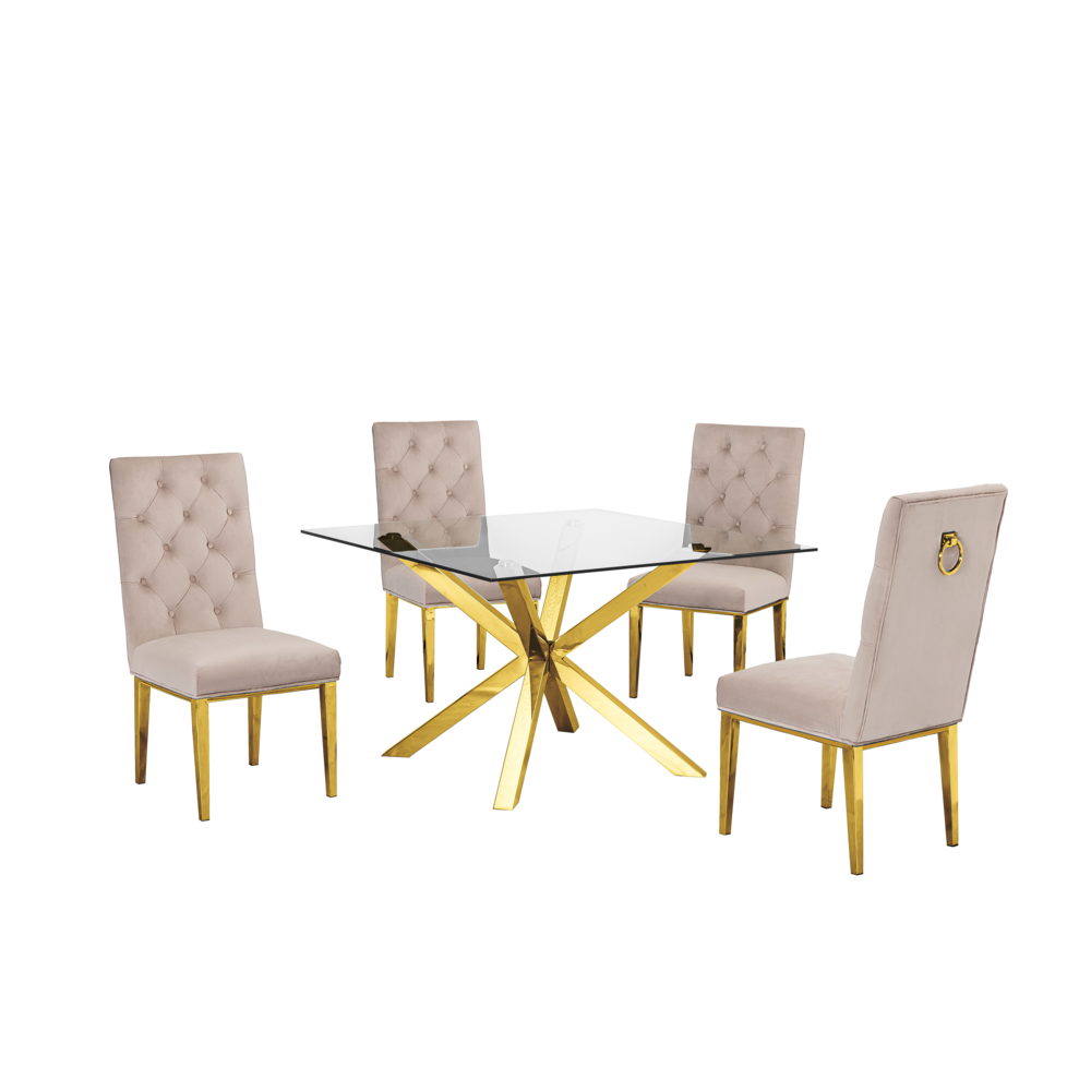 Boho Aesthetic Contemporary Glass 5pc Dining Set, Glass Top Dining Table and Velvet Tufted Side Chairs with Gold Stainless Steel Frame, Beige | Biophilic Design Airbnb Decor Furniture 