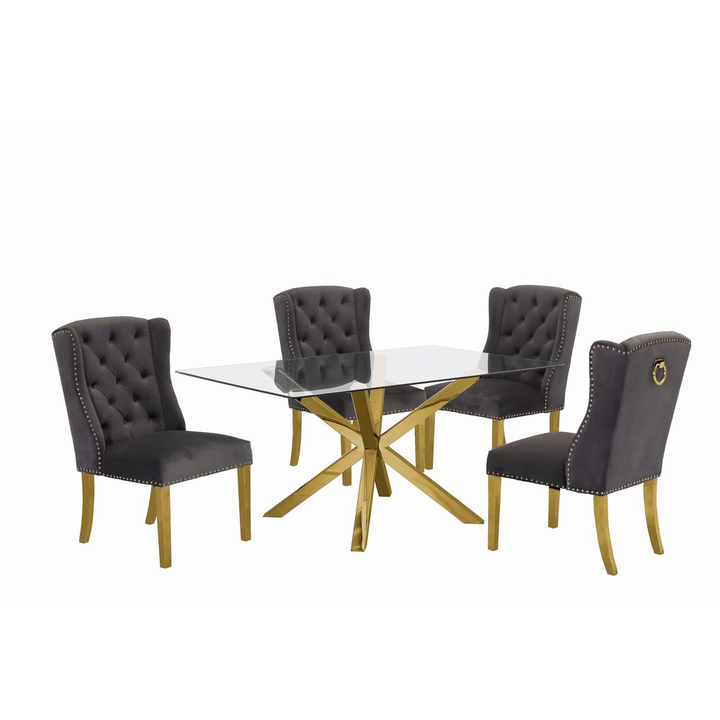 Boho Aesthetic Modern Contemporary Velvet Upholstery 5pc Glass Dining Table Set | Biophilic Design Airbnb Decor Furniture 