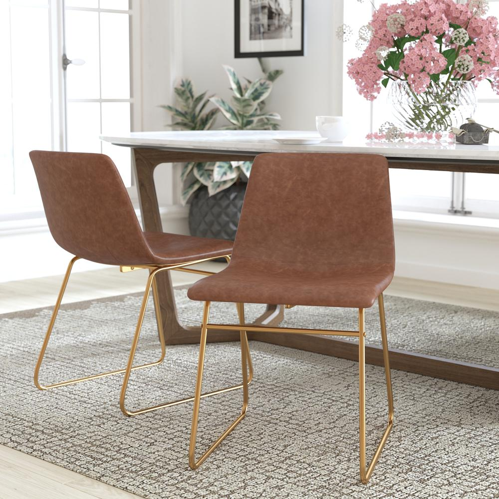 Boho Aesthetic 18 inch Dining Table Height Chair, Mid-Back Sled Base Dining Chair in Light Brown LeatherSoft with Gold Frame, Set of 2 | Biophilic Design Airbnb Decor Furniture 