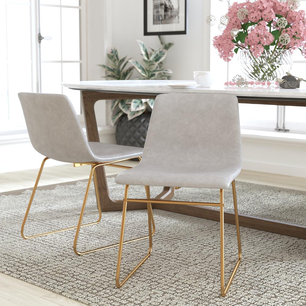 Boho Aesthetic Mid-Century Dining Table Height Chair Mid-Back Sled Base Dining Chair in Light Gray LeatherSoft with Gold Frame Set of 2 | Biophilic Design Airbnb Decor Furniture 