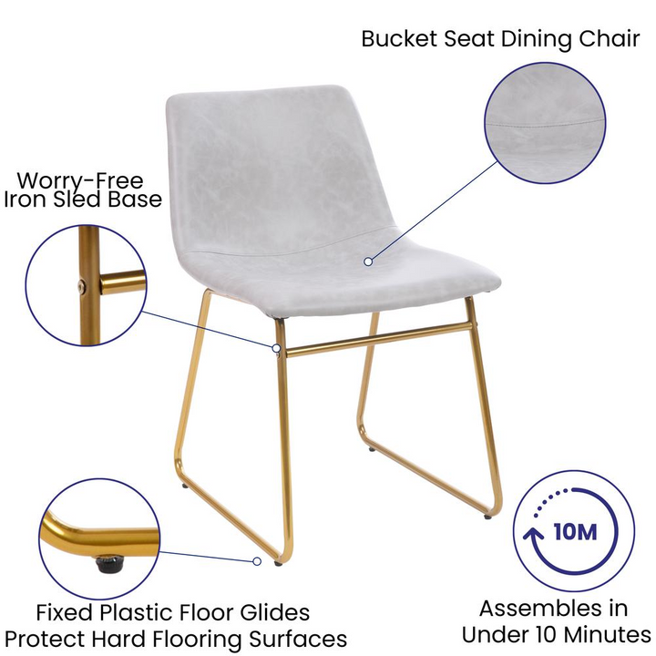 Boho Aesthetic 18 inch Dining Table Height Chair, Mid-Back Sled Base Dining Chair in Light Gray LeatherSoft with Gold Frame, Set of 2 | Biophilic Design Airbnb Decor Furniture 