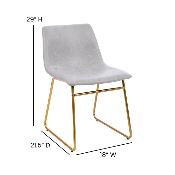 Boho Aesthetic 18 inch Dining Table Height Chair, Mid-Back Sled Base Dining Chair in Light Gray LeatherSoft with Gold Frame, Set of 2 | Biophilic Design Airbnb Decor Furniture 